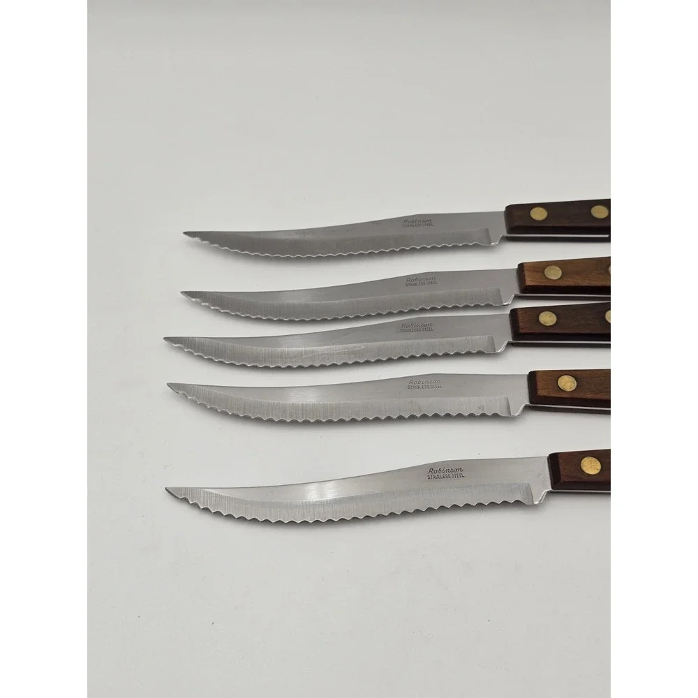 VTG Robinson Serrated Steak Knives Stainless Steel USA Wood Handles Set 5 Holder